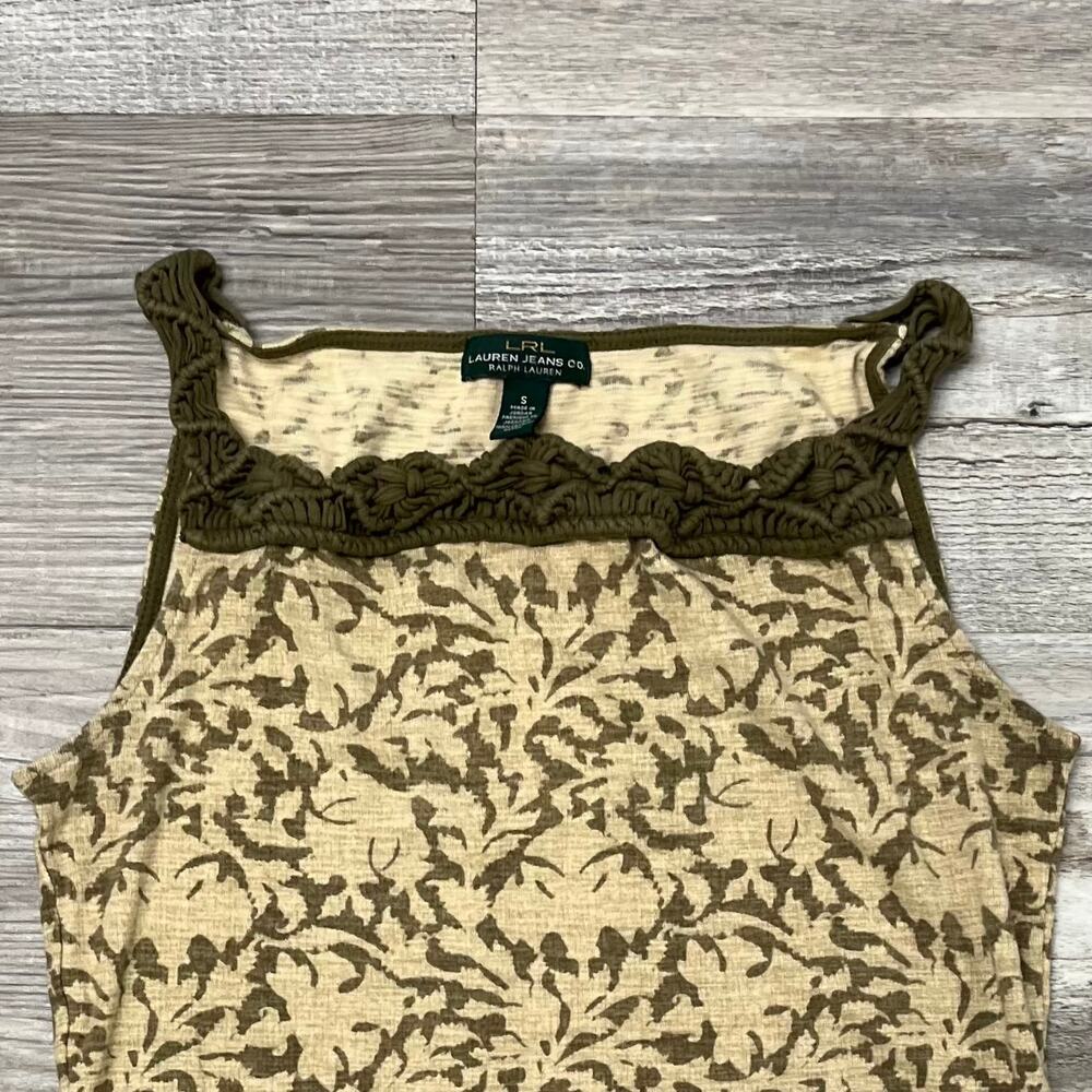 LRL Lauren Jeans Co Olive Green Tan Floral Womens S Crochet Sleeveless Tank Top